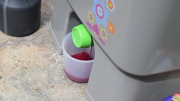 Aus einer Öffnung mit einer Art Zapfhahn am unteren Teil eines Bokashi-Komposteimers läuft violette Flüssigkeit in einen Becher aus Kunststoff