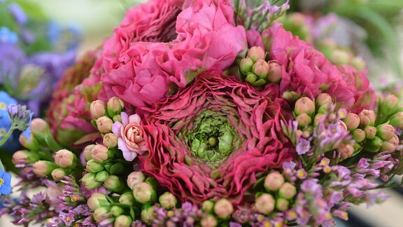 rosaroter Blumenstrauß mit Ranunkel Statice und Calanchoe