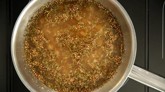 Bohnen und Gewürze garen in einem Kochtopf mit Wasser