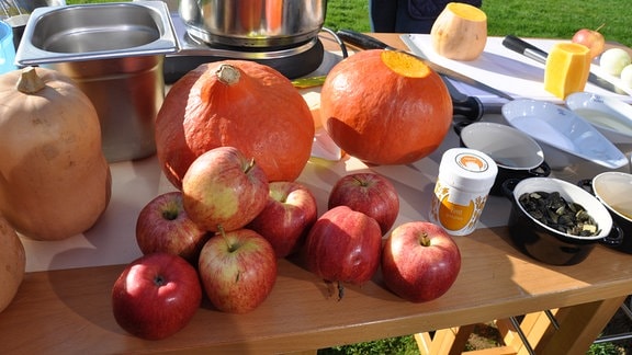 Äpfel, Kürbisse und Kochuntensilien auf einem Tisch.