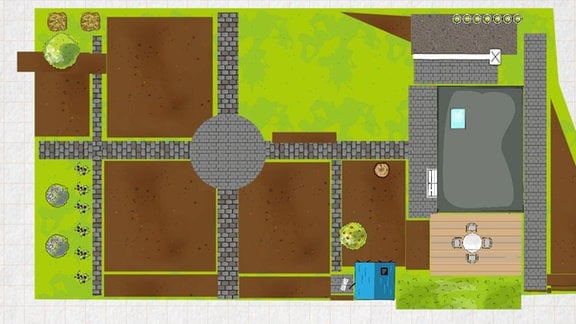 Plan eines bauerngarten am Computer erstellt. Typische Wegkreuzung in einem Bauerngarten mit angrenzenden Beeten und Rasenflächen.   