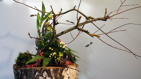 Floristische Deko mit Baumstamm, Nägeln und Frühblühern