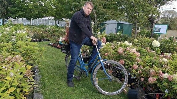 Gärtnermeister Marco Müller-John sitzt auf seinem Fahrrad in einem Hortensiengarten  