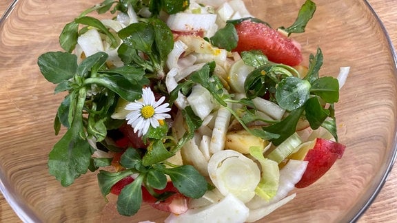 Ein Salat aus Chicoree, Fenchel. Apfel, Pampelmuse und Gänseblümchen.