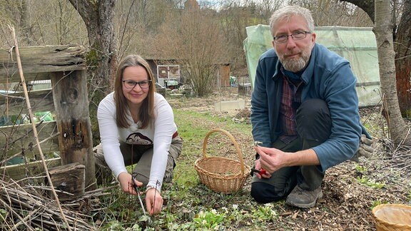 Wildkräuterexpertin Christine Rauch und MDR-Gärtner Jörg Heiß suchen essbare Wildkräuter für eine neue Folge von "Heiß auf Gemüse".