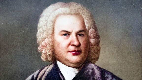 Johann Sebastian Bach, Gemälde, ein Mann mit Lockenperrücke hält ein Notenblatt in der Hand