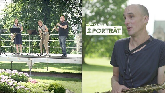 Zwei Fotos: Links Freilichtbühne in Park mit zwei Musikerinnen und einem Musiker, die alle auf unterschiedlichen Saxofonen spielen. Rechts Porträt Mann mit umgehämngtem Saxofon, sehr kurzen Haaren, T-Shirt; Hintergrund unscharf grüner Park.