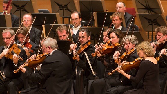 Orchestermusiker der Staatskapelle Dresden während eines Konzerts