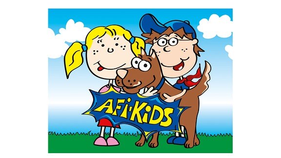 Ein gezeichnetes Mädchen und ein Junge tragen eine Hund. Darunter steht der Schriftzug Afi-Kids