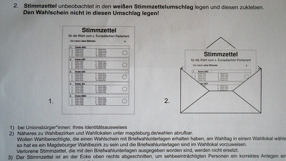 Eine Anleitung, wie man den Stimmzettel für die Europawahl falten und in den Umschlag stecken soll