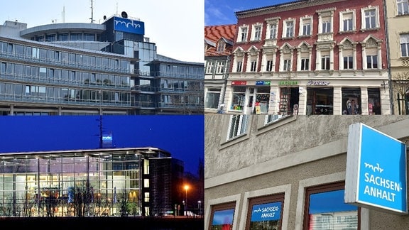 Vier Fotos zeigen die MDR Studios in Halle, Stendal, Magdeburg und Dessau