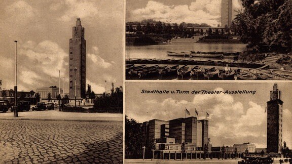 Postkarte: Stadthalle Magdeburg, Deutsche Theater Ausstellung 1927
