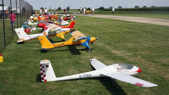 Verschiedene Modellflugzeuge stehen in einer Reihe auf einem Flugplatz.