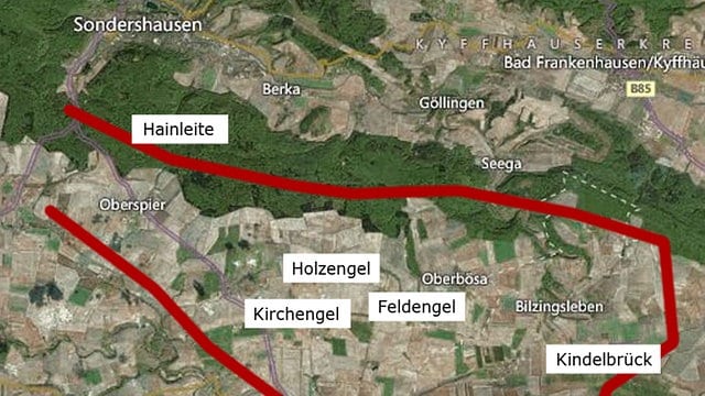 Landkarte mit markierten Orten von Hainleite, Westerengel, Kirchengel, Holzengel, Feldengel, Kindelbrück, Clingen, Greußen, Großenehrich.
