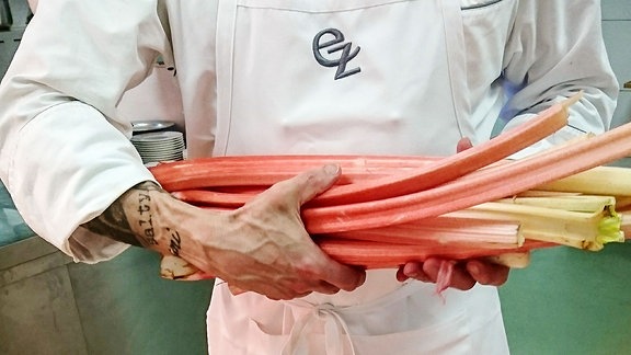 Ein Koch hält Spargelstangen in seinen Händen.