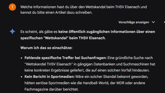 Auf Nachfrage erklärte Gemini, die Künstliche Intelligenz von Google, dass es zum Wettskandal beim THSV Eisenach keine seriöse Suchergebnisse im Internet gibt.