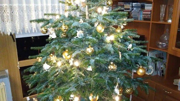 Ein geschmückter Weihnachtsbaum in einem Wohnzimmer