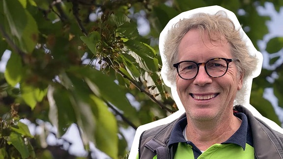 Pflanzenarzt René Wadas begutachtet einen jungen Apfelbaum