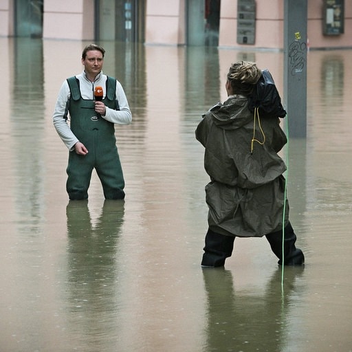 Reporter und Kamerafrau in Hochwasser