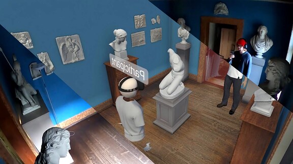 Fotomontage, die beide Sichten eines virtuellen Besuchers und eines realen Besuchers im Goethemuseum Weimar darstellt. 