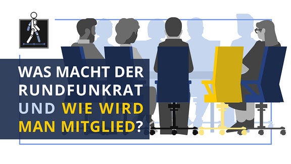 Stilisierte Grafik: Mehrere Personen an einem Konferenztisch. Links die Aufschrift "Was macht der Rundfunkrat und wie wird man Mitglied?"