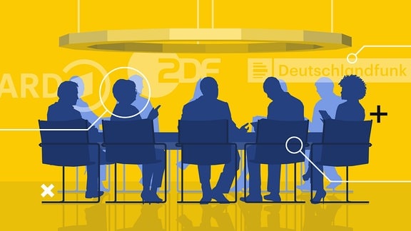 Stilisierte Grafik: 10 Menschen an einem Konferenztisch. Im Hintergrund sind Logos von ARD, ZDF und Deutschlandfunk zu sehen.
