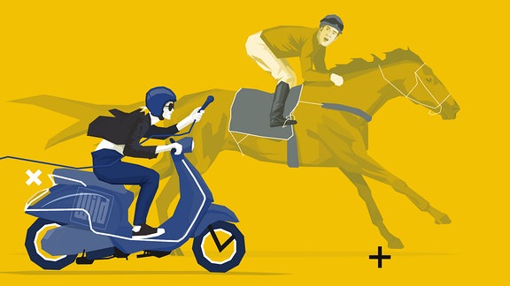 Stilisierte Grafik: Ein Jockey auf einem Rennpferd wird im vollen Galopp von einem Reporter auf einem Motorroller interviewt.