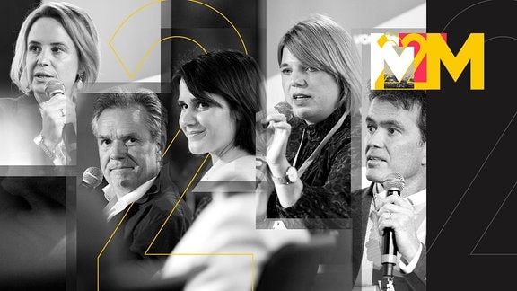 Bild-Collage mit Teilnehmenden des Panels "Das Zukunftsmodell der klassischen Regionalverlage". Am oberen Rand das Logo der Medientage Mitteldeutschland. 