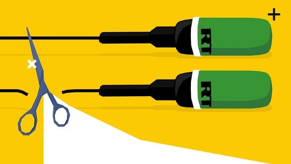 Zwei stilisierte Mikrofone mit der Aufschrift "RT". Bei einem davon wird das Kabel mit einer stilisierten Schere zerschnitten.
