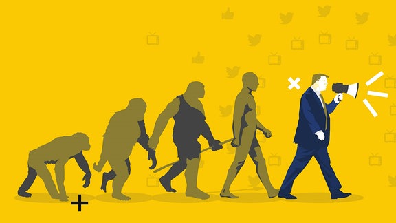 Stilisierte Grafik: Evolution vom Affen zum Menschen. Zuvorderst ein stilisierter Donald Trump mit Megafon.