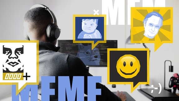 Collage: Ein Mensch mit Headset sitzt an einem PC. Im Vordergrund befinden sich grafisch dargestellte Memes und Emojis.
