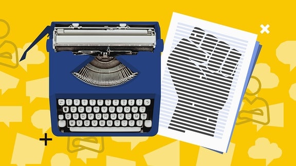 Grafische Collage: Eine Schreibmaschine, daneben ein Blatt, auf dem eine Faust abgebildet ist.