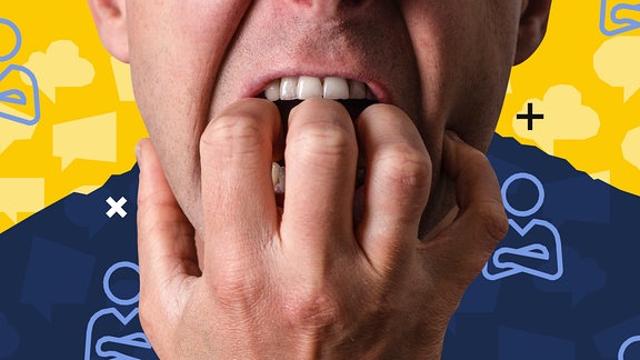 Foto eines männlichen Gesichts von der Nase abwärts. Er hat seine Hand im Mund. Darüber verschiedene Grafikelemente.