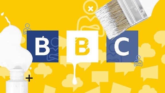 Stilisierte Grafik: BBC-Logo mit Sprechblasen im Hintergrund. In der oberen rechten Ecke ein Pinsel mit weißer Farbe, in der unteren linken Ecke eine weiße Farbtube.