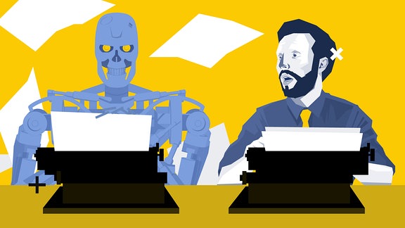 Stilisierte Grafik: Roboter sitzt an einer Schreibmaschine, neben ihm sitzt ein Mensch, ebenfalls an einer Schreibmaschine.