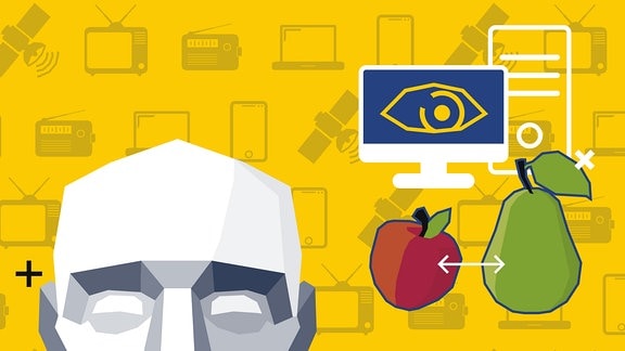Stilisierte Grafik: Kopf einer Person, daneben ein Desktop und Handy sowie ein Apfel und eine Birne.