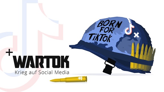 Ein Helm mit Munition sowie der Aufschrift "Born for TikTok" symbolisiert, dass Kriegsereignisse nicht mehr nur von Reportern, sondern zunehmend auch von Soldaten und Influencern auf Social Media verbreitet wird.