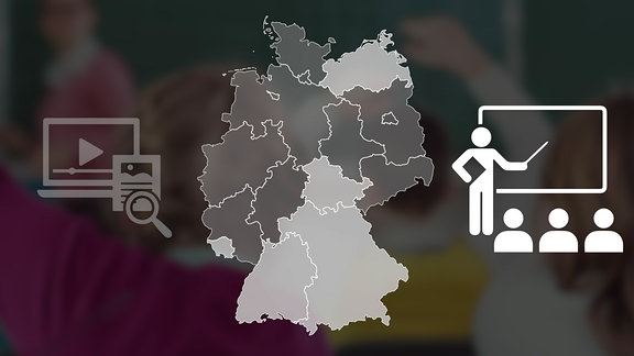 Grafik einer Deutschlandkarte. Die Bundesländer Bayern, Baden-Württemberg, Saarland, Thüringen und Mecklenburg-Vorpommern sind hervorgehoben.