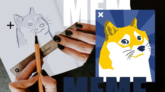 Collage: Zeichnung und Grafik des bekannten Memes "Doge"