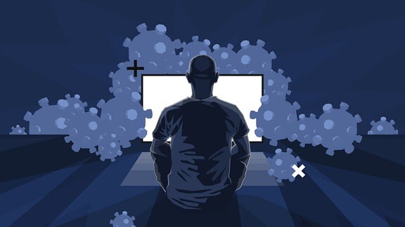 Stilisierte Grafik: Eine Person sitzt vor einem Bildschirm, welcher von Viren eingenommen wird.