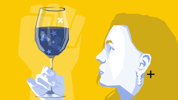 Stilisierte Grafik: Eine Frau betrachtet ein Weinglas in ihrer Hand.