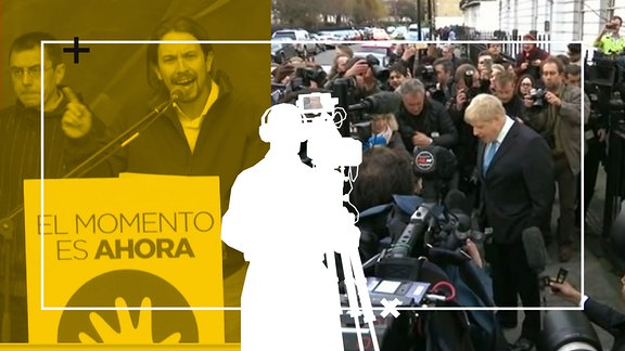 Stilisierte Grafik eines Reporters mit großer Kameraausrüstung. Im Hintergrund befinden sich zwei Fotos. Auf dem linken Foto ist Pablo Iglesias an einem Rednerpult zu sehen, auf dem rechten Foto Boris Johnson zwischen vielen Journalisten.
