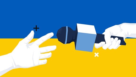 Eine stilisierte Hand hält ein Reportermikrofon. Eine weitere stilisierte Hand greift danach. Der Hintergrund ist in den Farben der Ukraineflagge gestaltet.