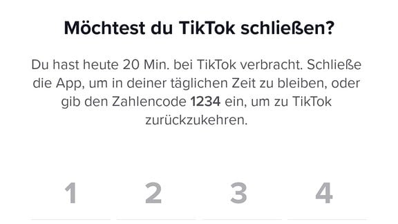 Screenshot des Bildschirmzeithinweises in der App TikTok. Auf dem Fenster ist zu lesen: "Dein tägliches Limit ist erreicht. Schließe die App oder gib 1234 ein, um zu TikTok zurückzukehren."