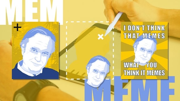 Grafische Collage, stilisiert: Zu erkennen ist das Gesicht von Richard Dawkins, der Mitte der 1970er Jahre das Wort Mem prägte. In Anlehnung an Mem wurde daraus schließlich das Wort Meme.