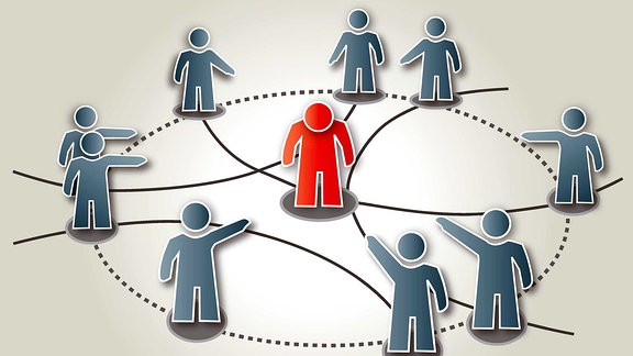 Illustration eines Netzwerkes aus Personen. In der Mitte ist eine Person rot dargestellt, diese von den anderen gemobbt.