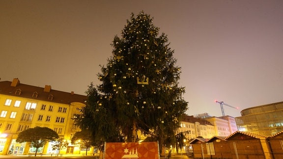 Magdeburg: Der Weihnachtsbaum steht geschmückt auf dem Alten Markt vor dem Rathaus, die Weihnachtsbuden stehen noch hinter einem Zaun.