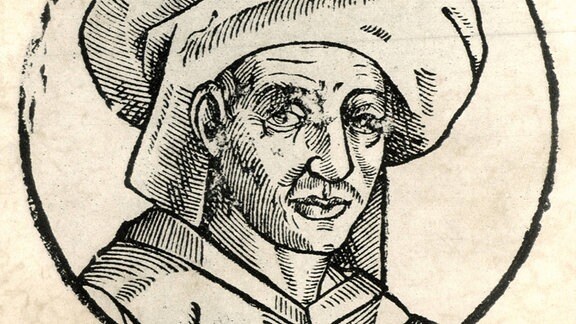 Ein gezeichnetes Porträt des Renaissancekomponisten Josquin Desprez