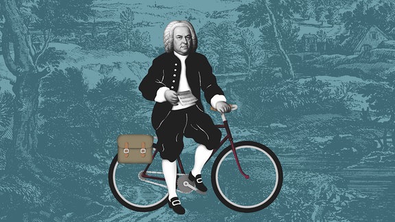 blauer Hintergrund, darauf Johann Sebastian Bach mit einem Fahrrad und dem Schriftzug "Bach by Bike"