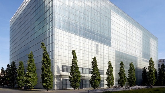 Außenansicht des Museums der bildenden Künste Leipzig, ein quadratischer Bau mit sehr viel Glas, darum stehen einzelne Bäume